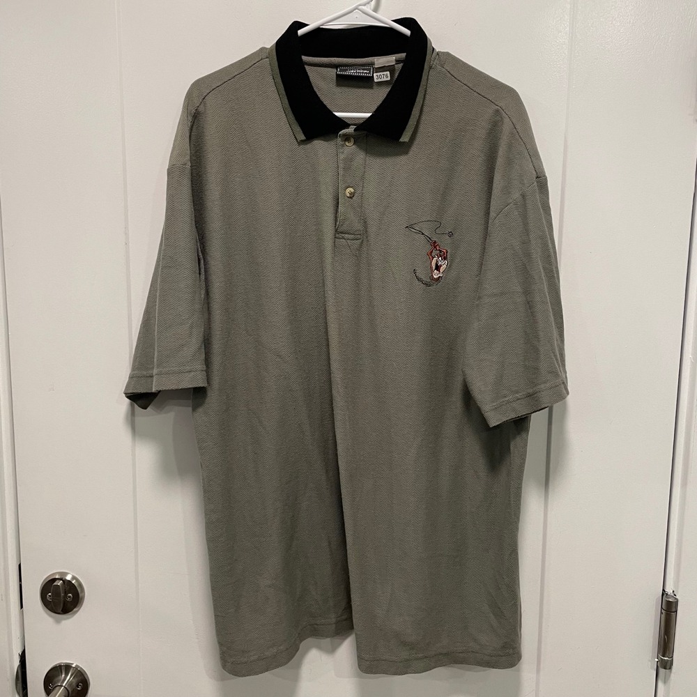 Looney Tunes Tasmanian Devil Polo Shirt Mens XL Olive Green Chevron Knit Vintage